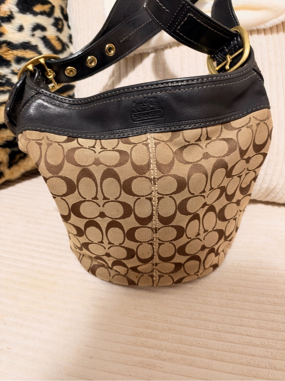 Coach Brown Signature Canvas and Black Leather Hobo Bag legacy